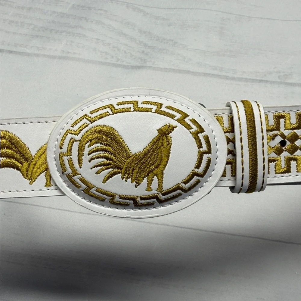 YAC White and Gold Leather and Silk Rooster Design Western Cowboy Belt Size 38